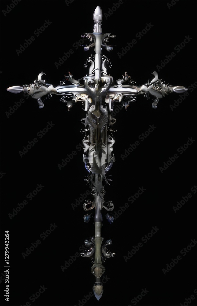 Metallic cross with intricate patterns and symmetrical balance, adorned with shiny finish striking digital illustration. Metallic cross with intricate patterns and symmetrical balance, adorned with shiny finish striking digital illustration.