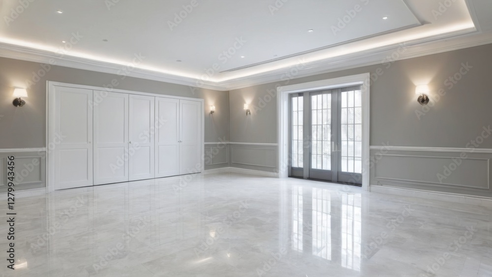 Sleek and Modern Empty Room with High Ceiling, Marble Floor, and Recessed Lighting in Elegant Style Sleek and Modern Empty Room with High Ceiling, Marble Floor, and Recessed Lighting in Elegant Style