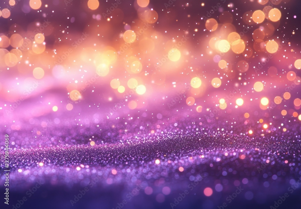 Obraz premium Sparkling Glitter and Dreamy Bokeh Light Background with Colorful Glimmers in Purple and Gold Shades for Festive and Soft Events