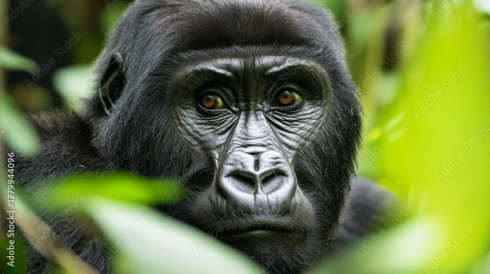 Closeup Portrait of a Powerful Black Gorilla in Lush Green Rainforest Closeup Portrait of a Powerful Black Gorilla in Lush Green Rainforest
