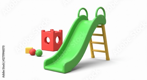 Bright 3D playground scene featuring a green slide, yellow ladder, red block, and colorful balls. Fun and playful design with soft textures on a white background.
