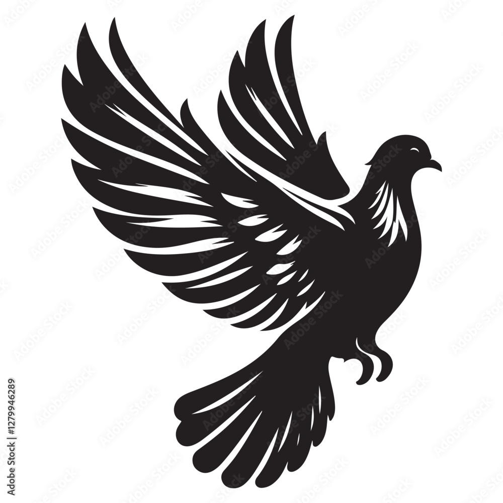 Obraz premium Dove Bird Silhouette Vector Illustration, Solid White Background.