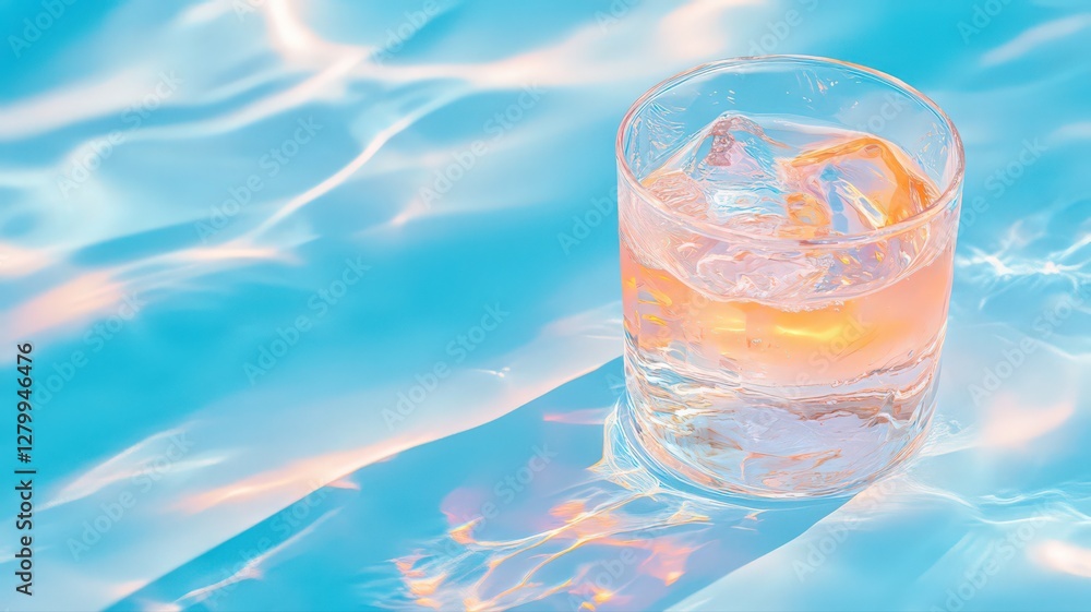 Refreshing Drink in Glass with Ice Cubes Under Vibrant Sunlit Water Caustics Refreshing Drink in Glass with Ice Cubes Under Vibrant Sunlit Water Caustics
