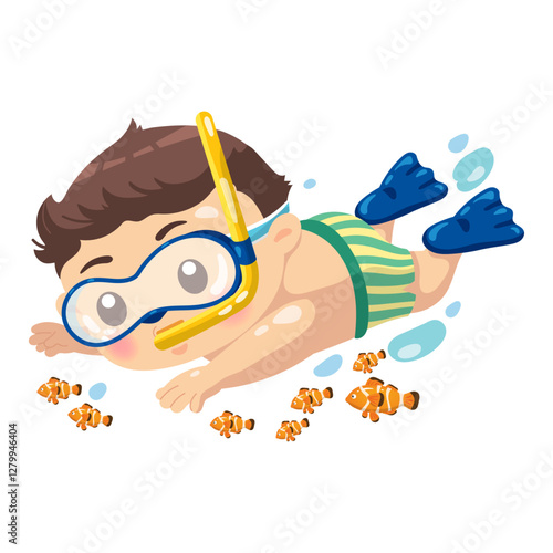 cartoon boy snorkeling underwater with clownfish white background