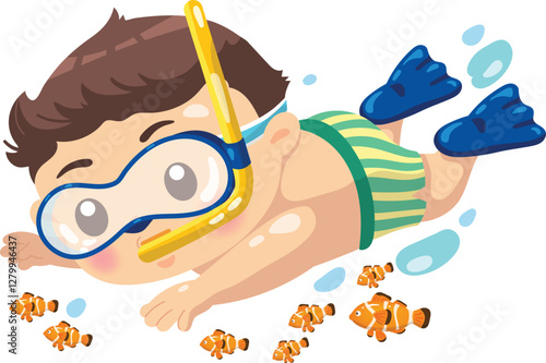 cartoon boy snorkeling underwater with clownfish white background