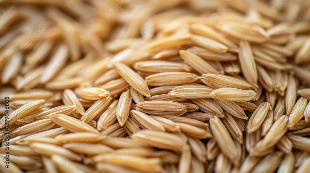 Fototapeta premium A close-up of dried rice straw spread across the ground, with its intricate texture visible, creating a rustic and organic pattern in soft natural lighting.