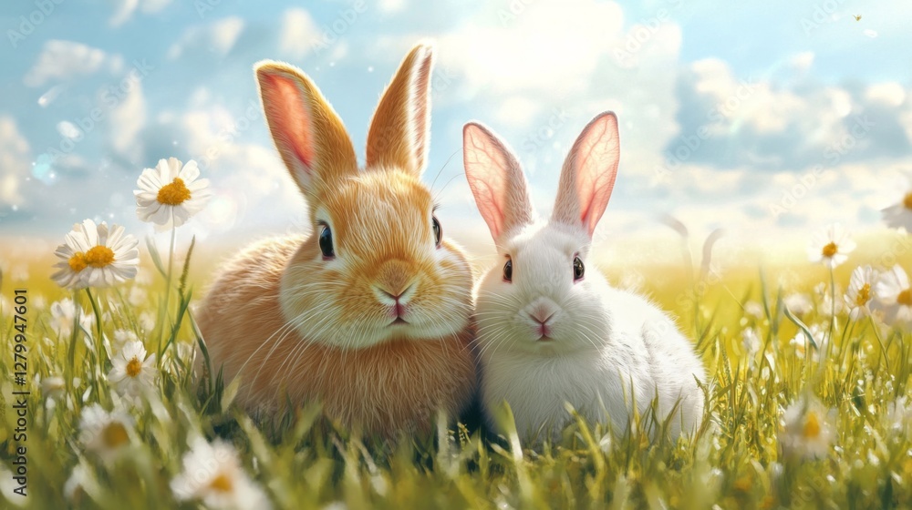 Two Cute Rabbits in a Sunny Daisies Field Two Cute Rabbits in a Sunny Daisies Field