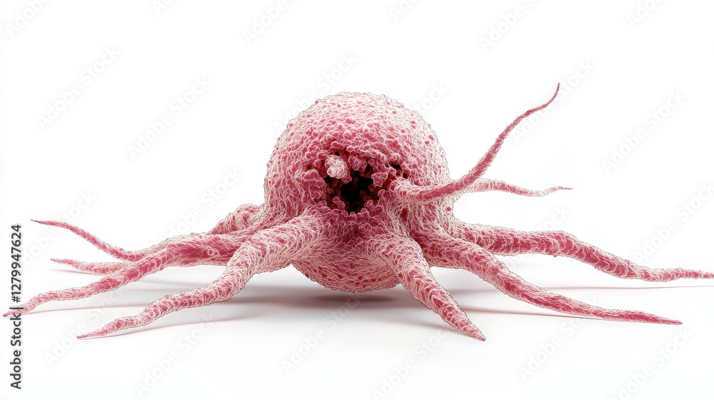 Fototapeta premium Microscopic virus invading biological cell in lab environment hyperrealistic macro view concept