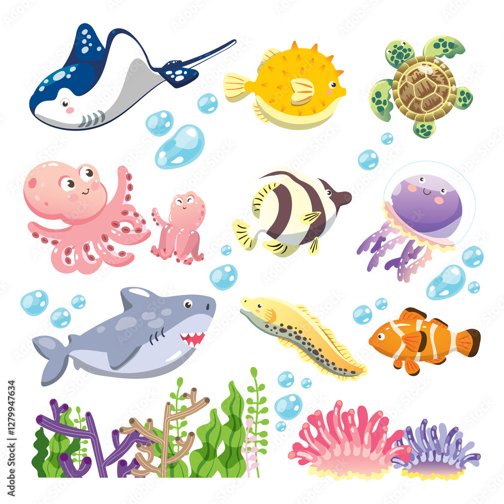 Naklejka premium set of cartoon ocean animals illustration isolate white background