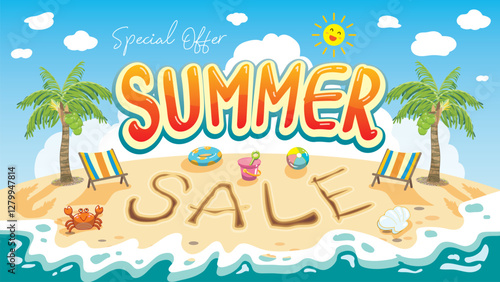 special offer summer sale font art with beautiful beach banner background