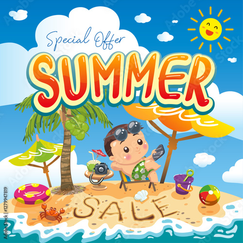 special offer summer banner background with cartoon boy relaxing and sitting on beach chair