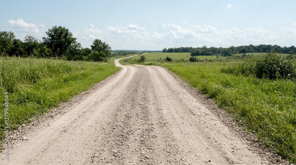 Country road through green fields on a sunny day. Possible use Stock photo