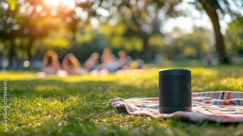 A person outdoors, using a portable Bluetooth speaker next to a picnic blanket, with friends relaxing in the background and a bright sunny day.