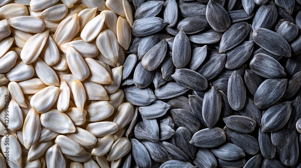 Two groups of sunflower seeds arranged in a contrasting pattern Two groups of sunflower seeds arranged in a contrasting pattern