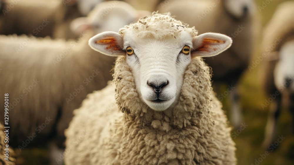 Close Up Portrait of a Fluffy White Sheep in a Flock Close Up Portrait of a Fluffy White Sheep in a Flock