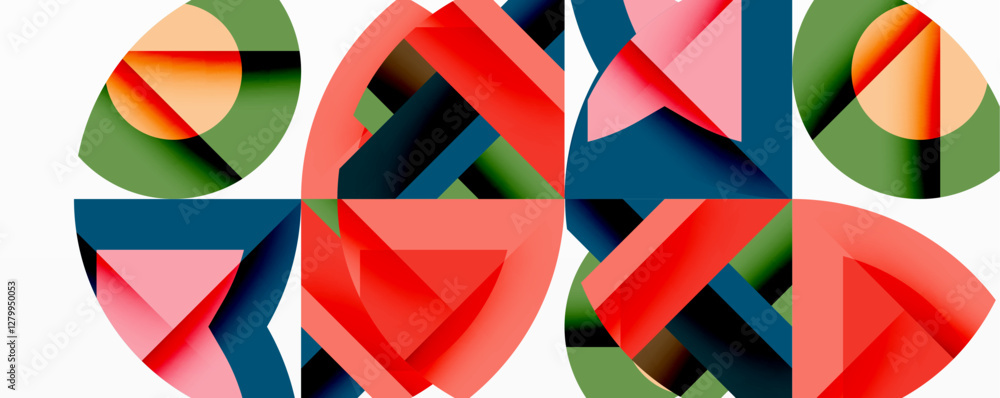 Abstract geometric composition with interlocking circular and angular shapes, featuring smooth gradients and sharp contrasts on a white background Abstract geometric composition with interlocking circular and angular shapes, featuring smooth gradients and sharp contrasts on a white background