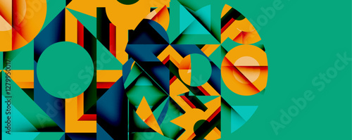 Abstract geometric artwork with interwoven angular and curved shapes, dynamic composition with smooth gradients and bold contrasts