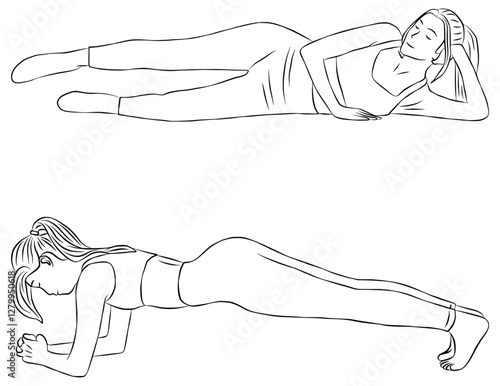 Vector poses of Pilates : Side leg lifts and Plank. Woman Outline Illustration in Line Art Style. Pilates and Yoga Exercise.