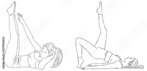 Vector poses of Pilates : Double Leg Stretch and Shoulder Bridge. Woman Outline Illustration in Line Art Style. Pilates and Yoga Exercise.