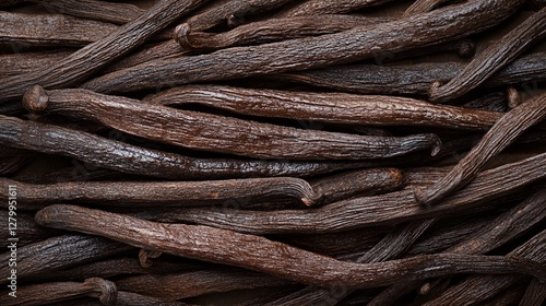 An overhead close up shot of vanilla beans on display