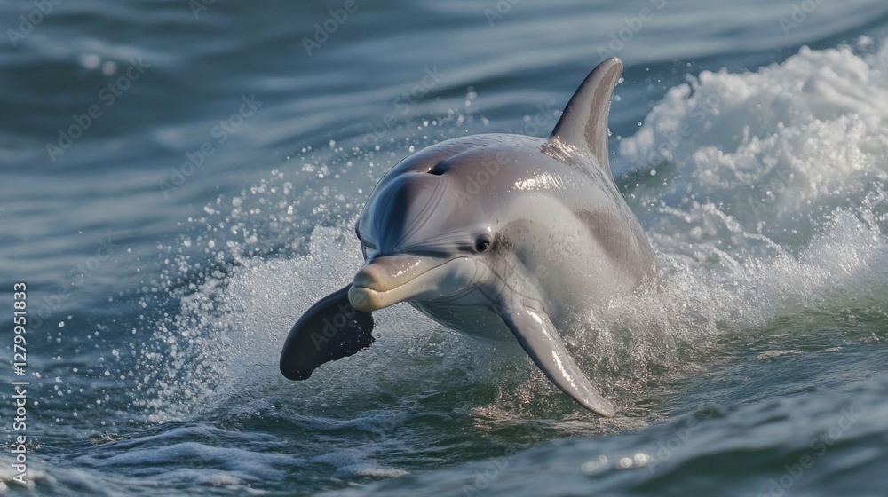 Naklejka premium Playful Gray Dolphin Leaps from Ocean Waves