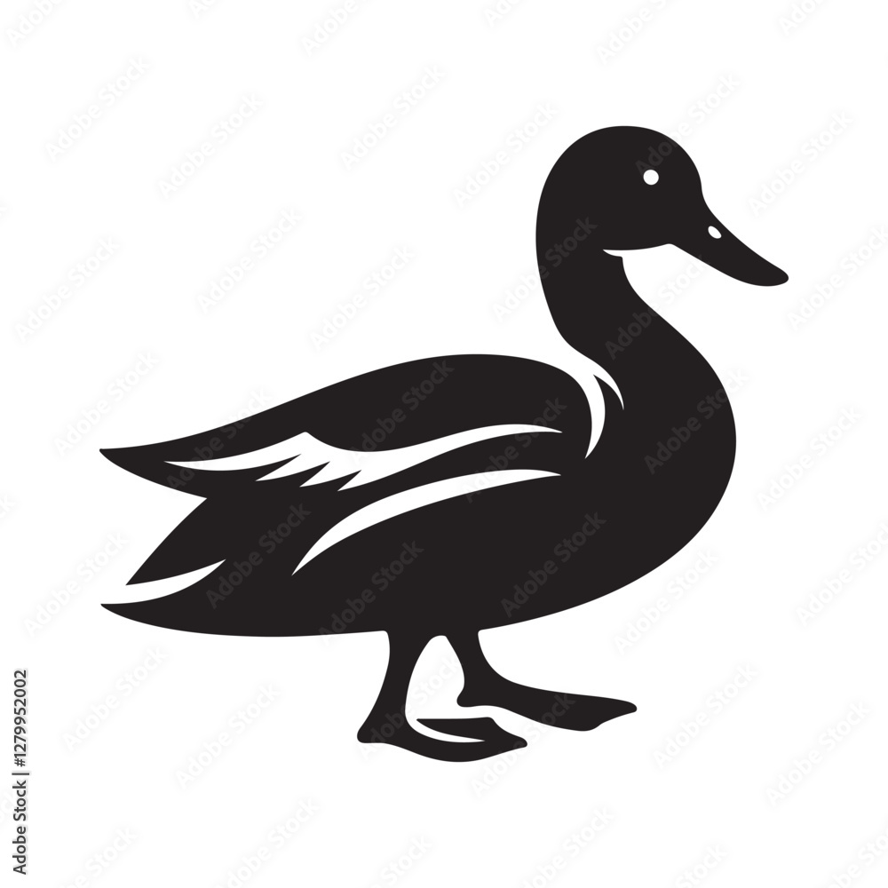 Duck Bird Silhouette Vector Illustration, Solid White Background. Duck Bird Silhouette Vector Illustration, Solid White Background.
