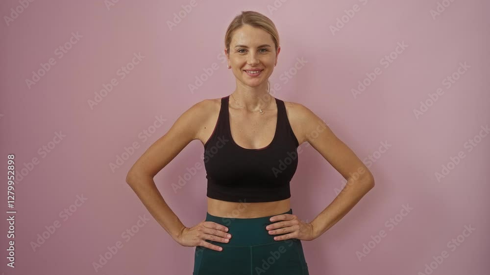 Woman smiling confidently standing with hands on hips against pink background in athletic attire suggesting fitness and positivity. Woman smiling confidently standing with hands on hips against pink background in athletic attire suggesting fitness and positivity.