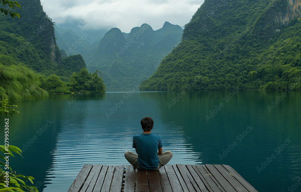 Person on Wooden Dock Overlooking Calm Lake with Reflecting Green Mountains and Trees
Person on Wooden Dock Overlooking Calm Lake with Reflecting Green Mountains and Trees