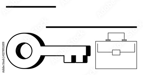 Large key and briefcase highlighting concepts of access, success, goals, and achievement. Ideal for career, growth, planning, management, success opportunities abstract line flat metaphor