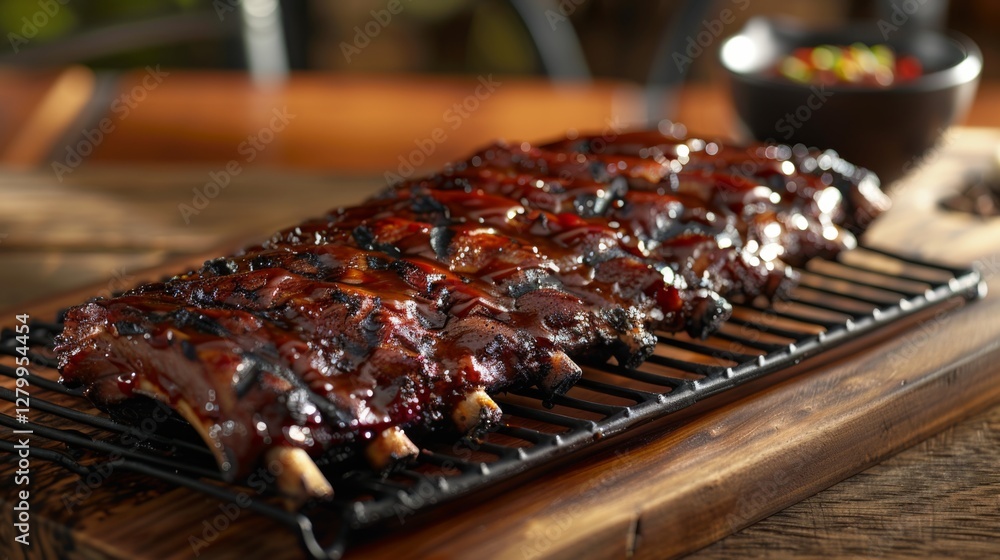 An appetizing display of tender grilled ribs covered in a glossy barbecue sauce sits on a wooden rack, accompanied by a small bowl of vibrant salsa, set outdoors. An appetizing display of tender grilled ribs covered in a glossy barbecue sauce sits on a wooden rack, accompanied by a small bowl of vibrant salsa, set outdoors.