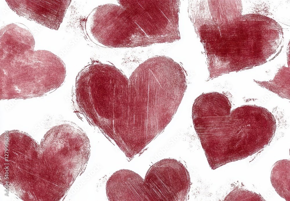 Red Textured Hearts Pattern on White Background Red Textured Hearts Pattern on White Background