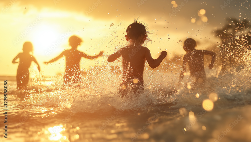 Three Kids Running in Shallow Beach Water Towards Shore as Sun Sets, Creating Splashes
Three Kids Running in Shallow Beach Water Towards Shore as Sun Sets, Creating Splashes
