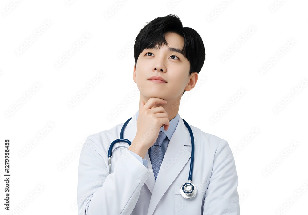 Portrait of young Asian male doctor thinking isolated on white background. Portrait of young Asian male doctor thinking isolated on white background.