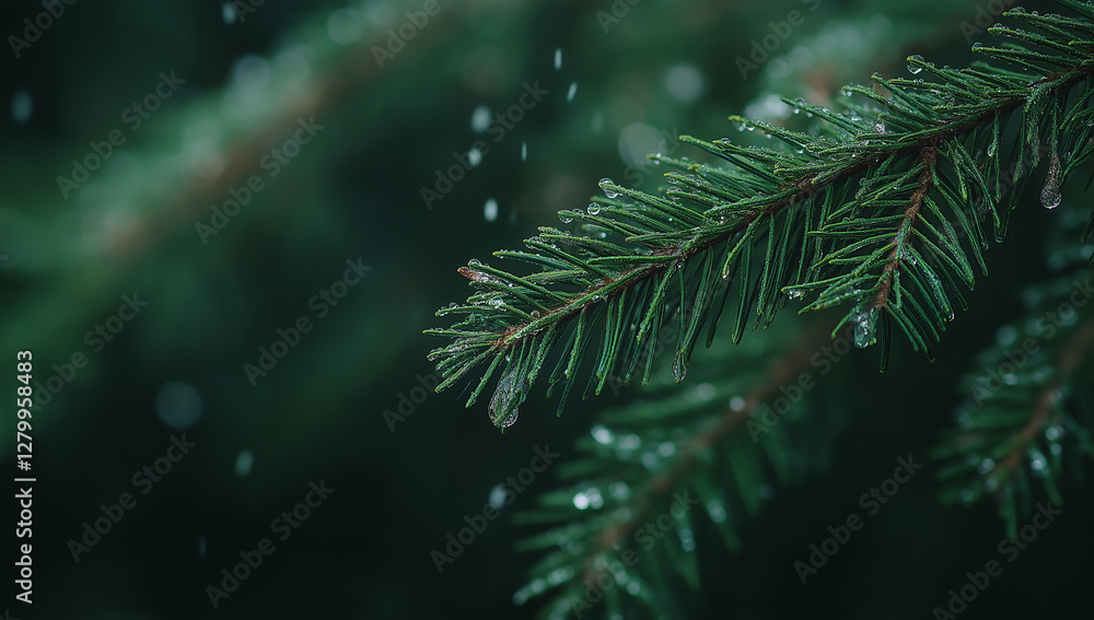 Green Needles on Conifer Tree Branches Arranged in Pattern, Captured in Close-Up View Green Needles on Conifer Tree Branches Arranged in Pattern, Captured in Close-Up View
