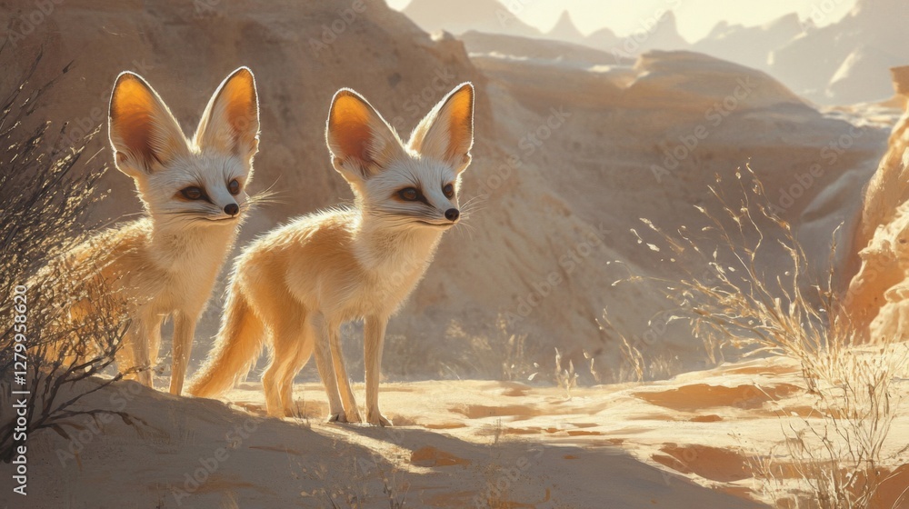 Fototapeta premium Two Fennec Foxes in a Desert Canyon at Sunrise