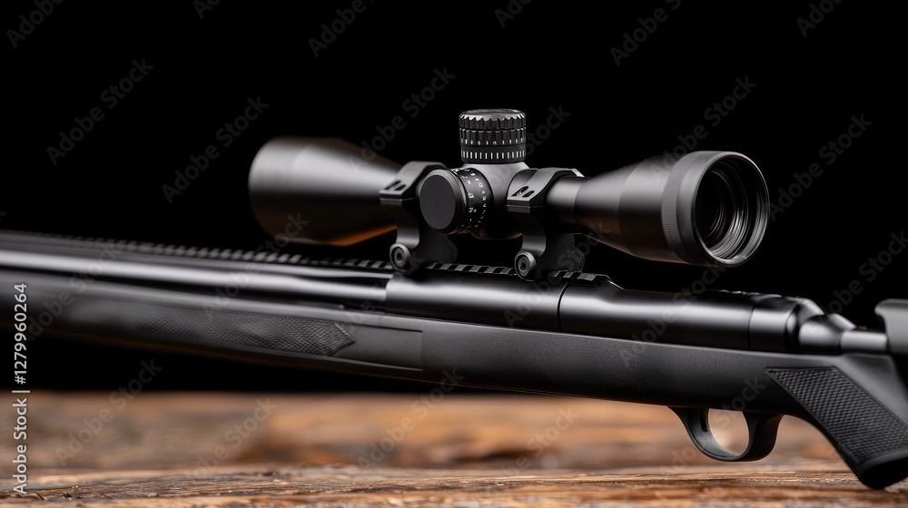 Obraz premium Black bolt-action rifle with a mounted telescopic scope resting on a rustic wooden table against a dark background.