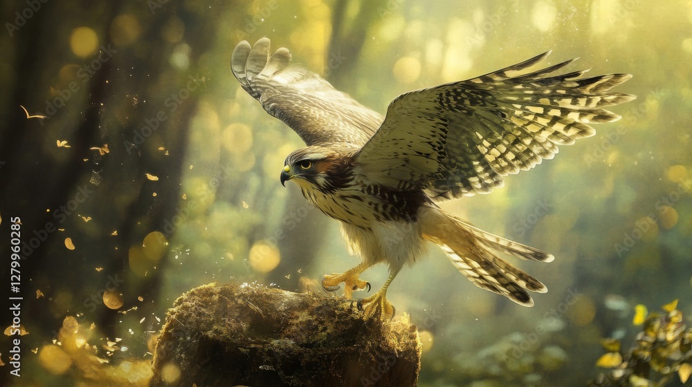 Fototapeta premium Majestic Hawk in Flight Through Sunlit Forest