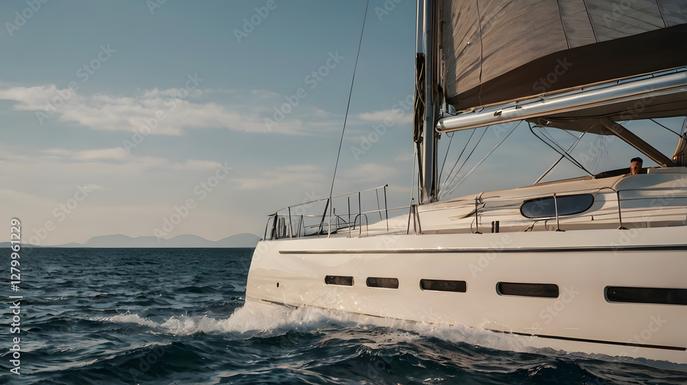 Fototapeta premium Sailing into the Horizon: A pristine white sailboat glides smoothly over the deep blue sea under a bright sunny sky, capturing the essence of freedom and adventure. 