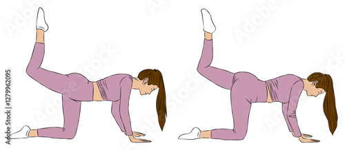 Single leg glute kick back pose, yoga and pilates exercise, Woman vector illustration.