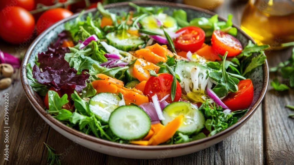 Freshly prepared vibrant salad with mixed greens, vegetables, and herbs on a rustic wooden table. Freshly prepared vibrant salad with mixed greens, vegetables, and herbs on a rustic wooden table.
