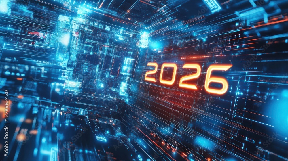 Futuristic digital display of the year 2026. Abstract glowing lines and data stream background. Futuristic digital display of the year 2026. Abstract glowing lines and data stream background.