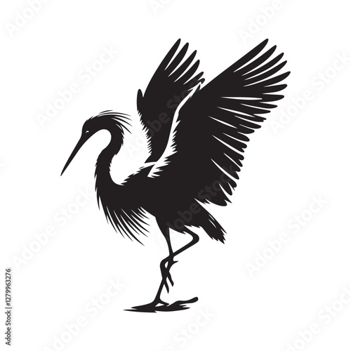 Egret Bird Silhouette Vector Illustration, Solid White Background.
