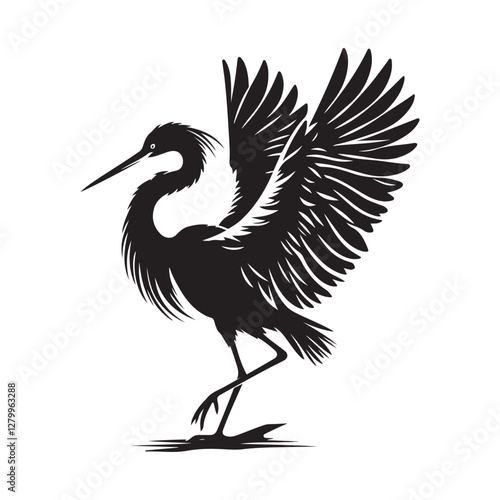 Egret Bird Silhouette Vector Illustration, Solid White Background.