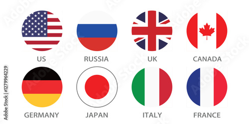 United States, United Kingdom, Canada, Russia, Germany, Japan, Italy and France circle flag logo icon digital vector illustration Free Download United States, United Kingdom, Canada, Russia, Germany, Japan, Italy and France circle flag logo icon digital vector illustration - GFXLoad