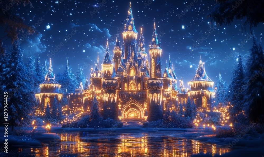 Obraz premium magical ice castle where glowing icicles hang from the turrets, and snowflakes twinkle under a starlit sky, Generative AI