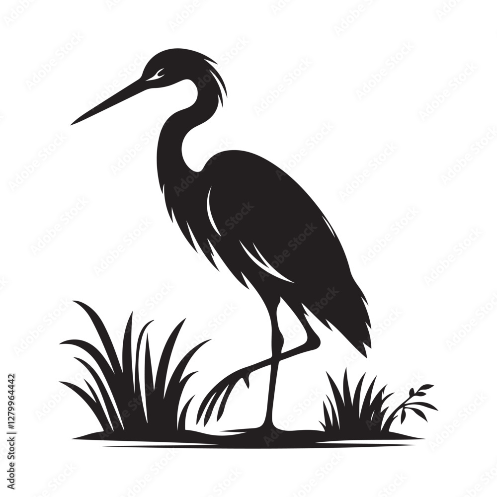 Fototapeta premium Egret Bird Silhouette Vector Illustration, Solid White Background.