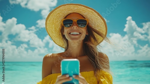 Smiling woman beach phone summer