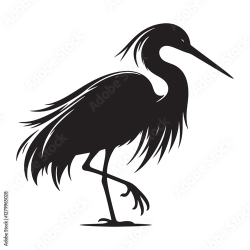 Egret Bird Silhouette Vector Illustration, Solid White Background.