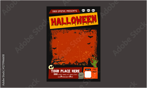 Halloween  Flyer. Happy halloween banner or party invitation background with violet fog clouds, ghost and pumpkins