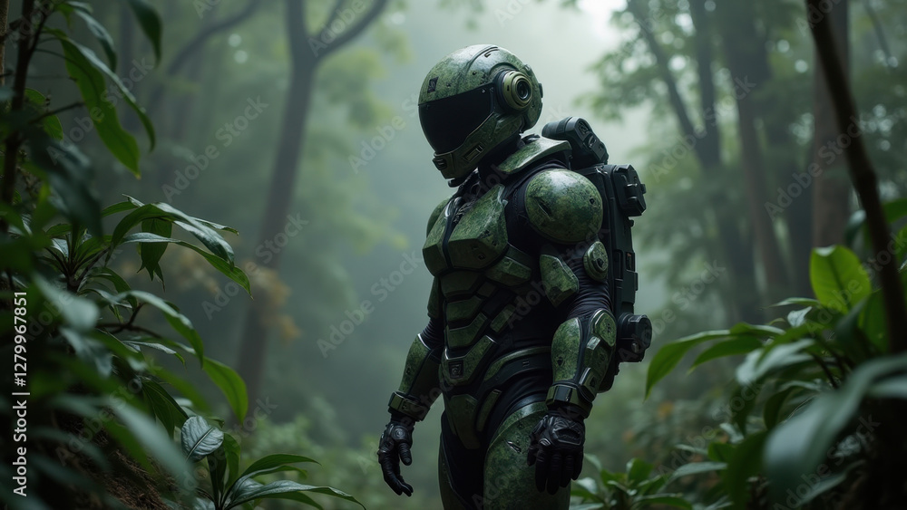 Fototapeta premium Camo Astronaut in Jungle; Sci-Fi Concept - Sci-Fi/Fantasy